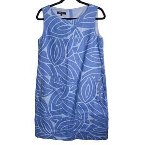 Lafayette 148 Small Blue Floral Pattern Linen Sleeveless Shift Dress Exposed Zip